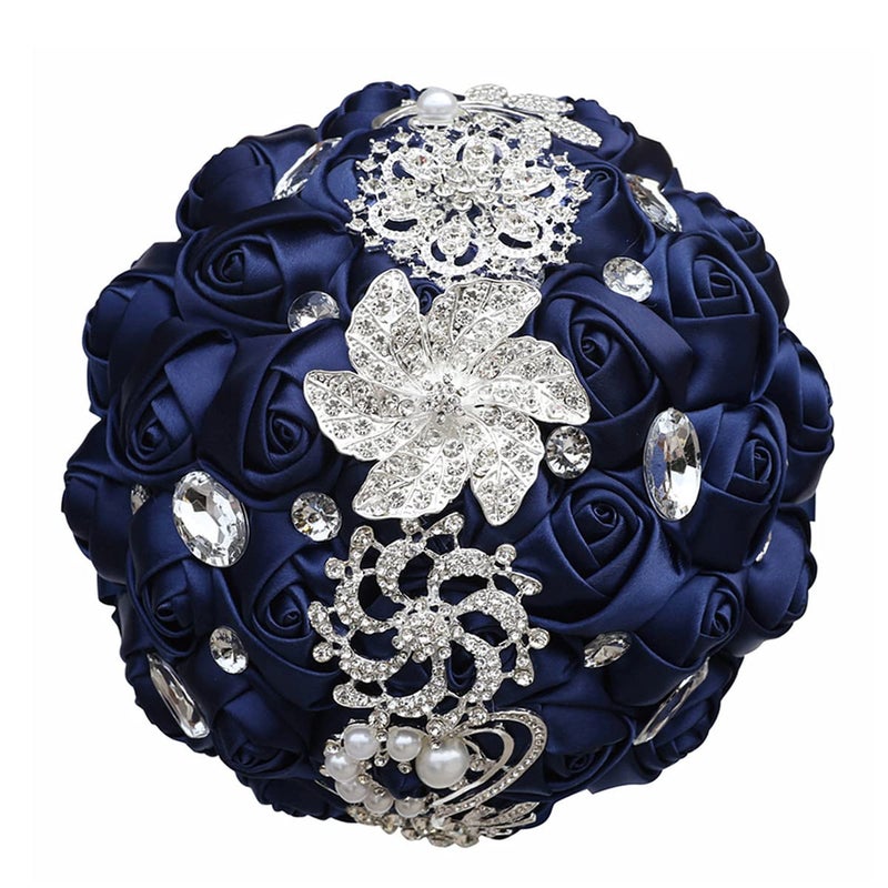 Flonding Wedding Bouquets Crystal Satin Rose Bride Bridal Bouquet Romantic Bridesmaid Holding Flower for Valentine's Day Confession Party Church Decor (Navy) - Image 1